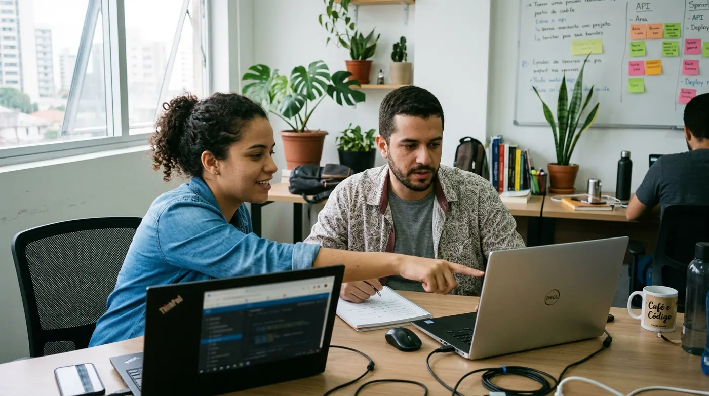 Duas pessoas desenvolvendo software lado a lado em um escritório com luz natural