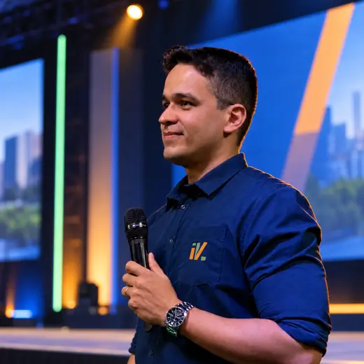 Isaque Victor no palco, com microfone, camisa com a marca iV.