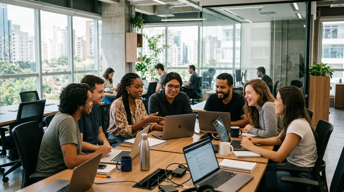 Equipe de tecnologia trabalhando junta em um escritório